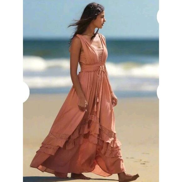 Free People Dress Womens Large Mauve Boho Maxi Lace Crochet Ruffle Smocked - Picture 2 of 14